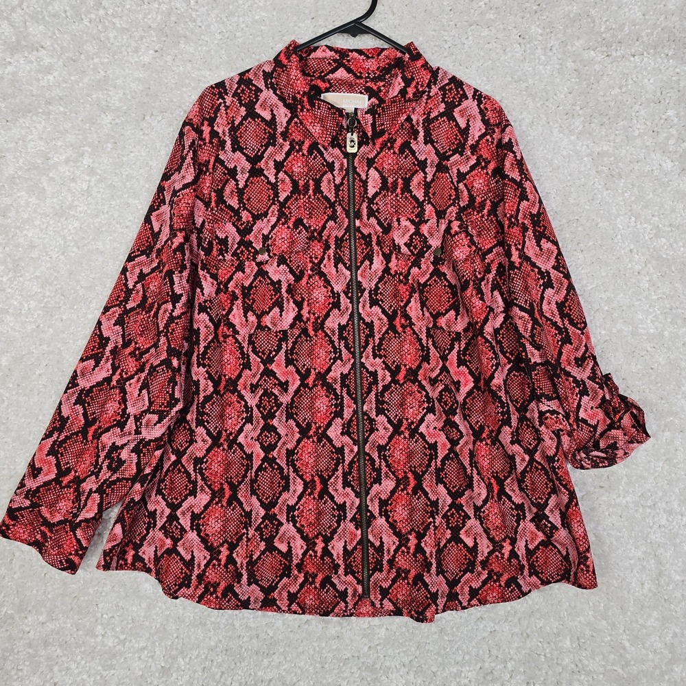 Michael‎ Kors Snakeskin Zip Front Blouse Womens 3X Pink Black Roll Tab Chic Edgy
